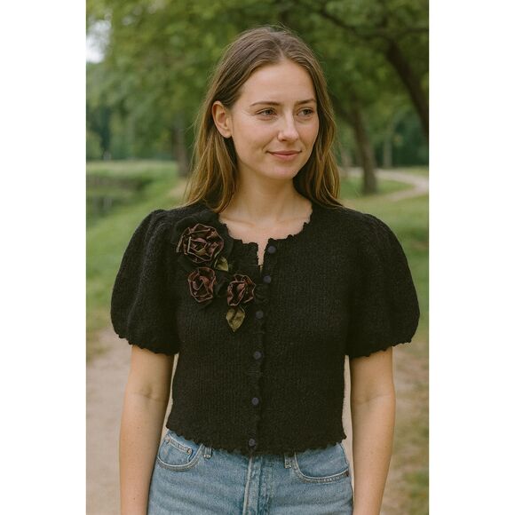 VINTAGE Susan Bristol floral applique cardigan black puff sleeves sweater Medium - Picture 1 of 7